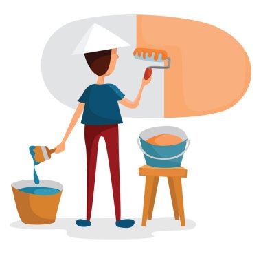 Duvarı boyayan adam, illüstrasyon, beyaz arka planda vektör..