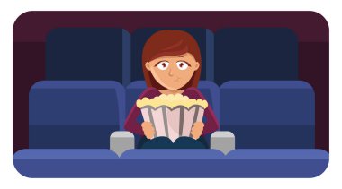 Sinemada patlamış mısırlı, resimli, beyaz arkaplanlı bir kız..