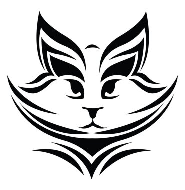 Kürklü kedi kafası dövmesi, dövme çizimi, beyaz arka planda vektör..