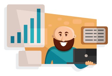 Dizüstü bilgisayarı, illüstrasyonu ve beyaz arkaplanı olan bir iş adamı..