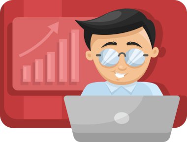 Gözlüklü adam dizüstü bilgisayarda çalışıyor, illüstrasyon, beyaz arka planda vektör..