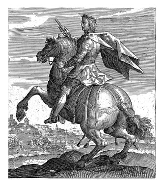 Habsburg 'lu III. Frederick at sırtında, Crispijn van de Passe (I), 1604 Frederick Habsburg, Alman İmparatoru, at sırtında. Arka planda ordu var..