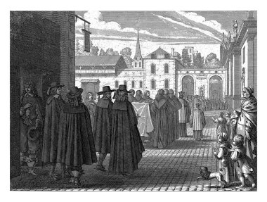 Ölenlerin defni, Abraham Bosse, 1640 - 1642 Cenaze alayı öndeki beyefendiler, arkalarından görüldü, siyah yas kıyafetleri giydiler.