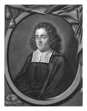 Gerardus Outhof 'un portresi, Pieter Schenk (I), 1705 - 1713 Gerardus Outhof, Emden ve Kampen' de vaiz. Portresinin yanında uyuyan bir kuzunun olduğu bir kitap var..