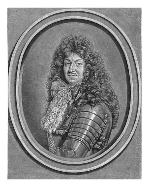 XIV. Louis 'in portresi, Fransa Kralı Jan van der Bruggen, 1681 Fransa Kralı XIV. Louis' in portresi. Dantel yakalı ve uzun kıvırcık peruklu bir zırh giyiyor..