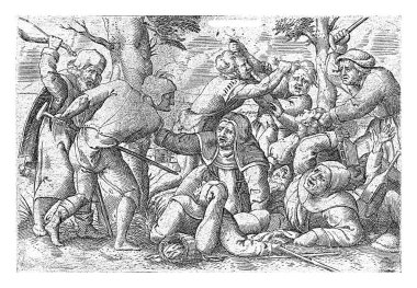 1539 'da sakatların, Cornelis Massijs' in dövüşü. Sakatlarla mücadele. Koltuk değnekleriyle ve sopalarla birbirlerine saldırıp birbirlerinin saçlarını çekiyorlar..