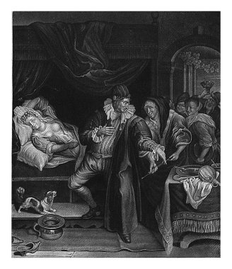 Sickbed, Abraham de Blois, after Jan Havicksz. Steen, 1679 - 1726 A doctor visits a sick woman on her bed. There is a chamber pot next to the bed. clipart