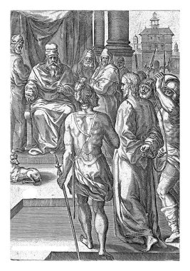 Herod için İsa, Johannes Wierix, Crispijn van den Broeck 'tan sonra, 1576 İsa silahlı askerler tarafından Kral Herod' a getirildi. Herod İsa 'yı sorguluyor ama cevap vermiyor..
