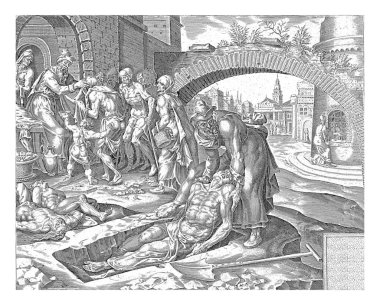 Tobit merhamet gösteriyor, Harmen Jansz Muller, Maarten van Heemskerck 'ten sonra, 1564 - 1568 Tobit ölüleri gömerek merhamet gösteriyor..