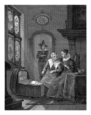 Beşikte iki kadın ve kapı eşiğinde bir adam, Philippus Velijn, Hendrik Breukelaar 'dan sonra, 1832' de iki kadın bir iç mekanda bir beşikte. Kolları bağlı bir adam kapının önünde duruyor..