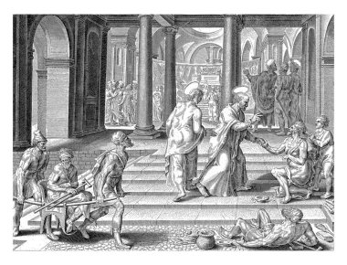 Peter Felç Olan birini İyileştirir, Claes Jansz. Visscher, Philips Galle 'den sonra, Maarten van Heemskerck' ten sonra, 1643 - 1646 Havariler Peter ve John Kudüs Tapınağı 'nın Güzel Kapısı' nda duruyorlar..