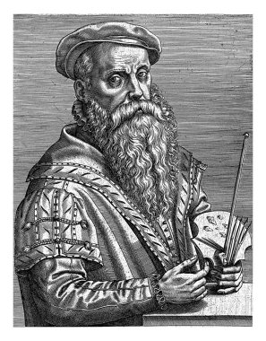 Ressam Willem Key 'in portresi, Johannes Wierix, 1572. Bir ressamın paletini ve fırçalarını elinde tutuyor. Kenarında Latince dört satırlık bir başlık.