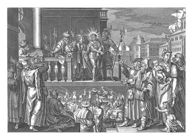 İsa insanlara (Ecce Homo), anonim olarak, Jan-Baptist Barbe 'den sonra, Maerten de Vos' tan sonra, 1630 - 1702 İsa bir sahnede Pilatus tarafından insanlara gösterilmiştir..