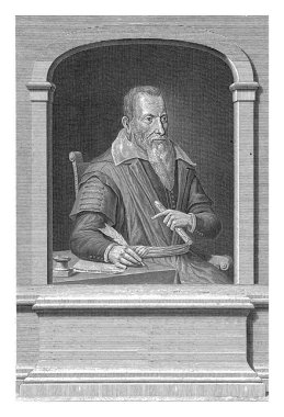 Josephus Scaliger 'in portresi, Protestan hümanist, şair, polemikçi ve Leiden Üniversitesi' nde profesör. Scaliger tezgahın altındaki masada oturuyor ve sol elinde Arapça metin olan bir rulo kağıt tutuyor..