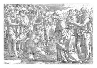 İbrahim 'in Melchizedek, Cornelis Massijs, 1545 Melchizedek, Salem' in başrahibi ve kralıdır ile buluşması İbrahim 'e ekmek ve bir sürahi şarap verir. İbrahim onun önünde eğiliyor..