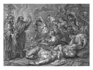 Moses ve Bakır Yılan, Schelte Adamsz 'dan sonra isimsiz. Bolswert, Peter Paul Rubens 'den sonra, 1679 - 1702 Solda, Aaron ve Moses bir kazığa geçirilmiş bakır yılanın yanında duruyorlardı..