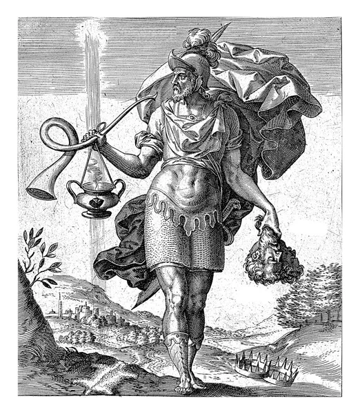 stock image Landscape with Gideon. In one hand the heads of Zebach and Zalmunna, in the other a trumpet and an oil lamp.