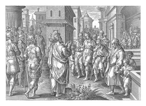 stock image Paul Proclaiming the Doctrine of Christ at Rome, Claes Jansz. Visscher, after Philips Galle, after Adriaen Collaert, 1643-1646 The apostle Paul preaches the doctrine of Christ in Rome.