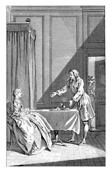 1749年 在休伯特 弗兰西斯 格拉韦洛之后 索菲亚被锁在一个房间里 仆人乔治把一盘食物放在桌上 给索菲亚吃 索菲亚被锁起来了 — 图库照片