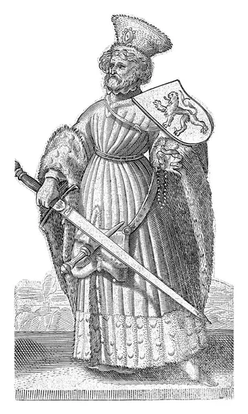 荷兰伯爵弗洛里斯三世 荷兰伯爵阿德里安 马瑟姆 荷兰伯爵弗洛里斯三世的画像 站在那里 肩上挽着荷兰的胳膊 手里拿着一把剑 — 图库照片
