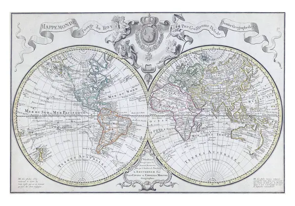 世界地図は 東半球と西半球の地図 ヨハネスコンデット 1721 1774 世界地図 東半球と西半球の地図に分かれています — ストック写真