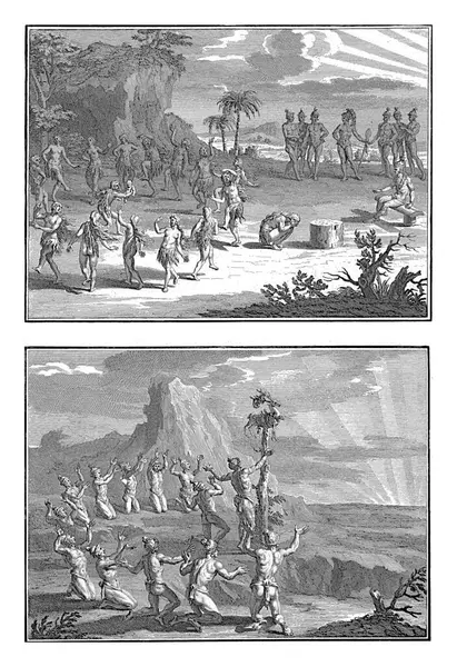 フロリダ州バーナード ピカート出身のアメリカインディアンの儀式 1721年のバーナード ピカートの後 フロリダ出身のアメリカインディアンの宗教儀式の2つの表現 — ストック写真