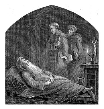 Hasta bir adamla birlikte iki rahip, Philippus Velijn, Henricus Franciscus Wiertz 'den sonra, 1797 - 1836 İki papaz, bir fener ve bir haçla, hasta bir adamla birlikte ayık bir iç mekanda.