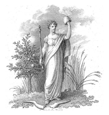 Fruit Tree 'de Şapkalı ve Asa Olan Genç Kadın, Reinier Vinkeles (I), 1751 - 1816, eski gravür..