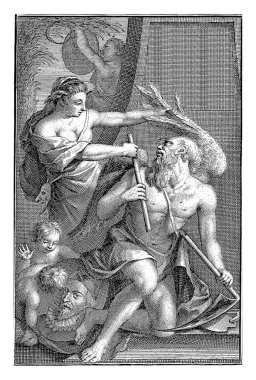 Zaman Baba 'yı evcilleştiren hayal gücü, Jacob Houbraken, 1753 Baba Zamanı, elinde kırık bir tırpanla, kemerinde maske olan alegorik bir kadın figürü tarafından kanatları tarafından ele geçirilir..