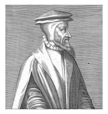 Pierre Viret 'in portresi, Hendrick Hondius (I), 1599 baskını Pierre Viret' in sağında. Portresinin altında adı ve Latince dört satır var..