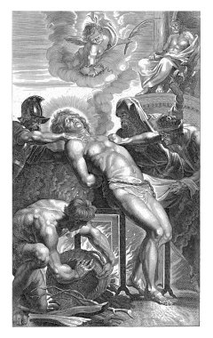 Aziz Laurentius, Cornelis Galle (II), 1638 - 1678 Saint Laurentius sırtı parlayan ızgarada yatıyor. Üç adam onu tutuyor, dördüncüsü ateşe yeni odun atıyor..