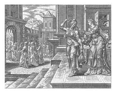 Judit, Philips Galle, Holofernes kampına giderken, Maarten van Heemskerck 'ten sonra, 1564 Judit ve hizmetçisi Holofernes kampına gitmek için hazırlanıyorlar..