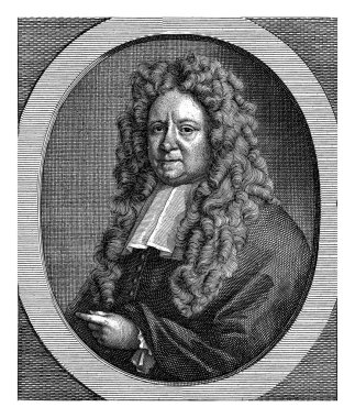 Didericus Liebergen 'in portresi, Jacob Houbraken, Paling' den sonra, 1708 - 1780 Didericus Liebergen 'in solunda 74 yaşında bir ovalde Latince bir yazıyla birlikte.