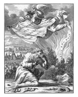 Musa yanan çalılıklarda Johannes Jacobsz van den Aveele, 1697 Musa yanan çalıların önünde diz çöker ve yüzünü korur..