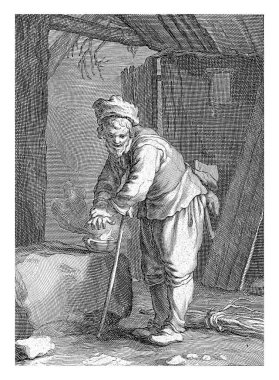 Kış, Frederick Bloemaert, Abraham Bloemaert 'den sonra, 1632 - 1670 yılları arasında yaşlı bir adam bir ahırda durur ve ateş başında ellerini ısıtır. Sol kolu bir sopaya bağlı..
