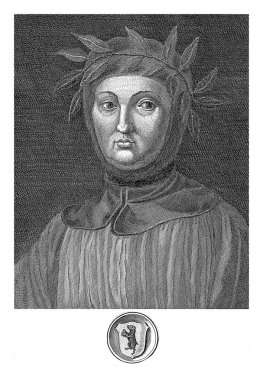 Francesco Petrarca 'nın portresi, Francesco Allegrini, Cosimo Fioravanti' den esinlenerek, 1761 Francesco Petrarca 'nın kafasında defne çelengiyle portresi.