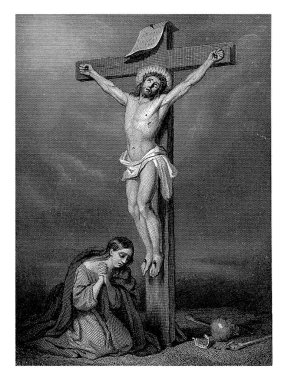 Haç 'taki Mary Magdalene, Cornelis Kruseman' dan sonra Dirk Jurriaan Sluyter, 1850 'de Magdalene çarmıhta İsa ile birlikte diz çöker. Yerde eklemli bir kafatası var..