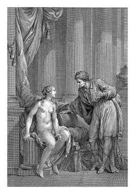 Pygmalion Galatea ile konuşur, Emmanuel Jean Nepomucene de Ghendt, Charles Joseph Dominique Eisen 'den sonra, 1748 - 1815 Galatea, Pygmalion' un canlandırılmış heykeli, bir sütun üzerinde oturur..