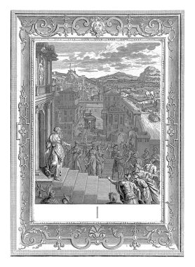 Cassandra Truva 'nın çöküşünü, Bernard Picart' ın (atölye çalışması) 1731 yılında Kral Priam 'ın kızı olan Cassandra' nın Truva 'nın çöküşünü öngörüyor..