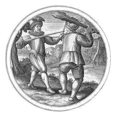 Anonim dövüşçüler, 1550 - 1610 zengin giyimli bir adam, kılıç ve hançerli bir adam sopalı bir köylünün karşısında duruyor. Çiftçi eskrimciye tarlanın korunması gerektiğini söylüyor..