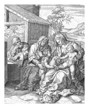 Kutsal Aile, Elisabet ve Vaftizci Yahya, Pieter Jalhea Furnius, 1550 - 1625 Elisabet, Meryem ve Yusuf ile birlikte Vaftizci Yahya ve İsa ile birlikte bir evin önünde oturuyorlar..