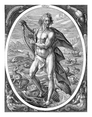 Arion: Su elementi, Crispijn van de Passe (I), 1602 Seascape, Arion 'un bir yunusun üzerinde durması ve arp çalması, su elementinin bir kinayesidir..