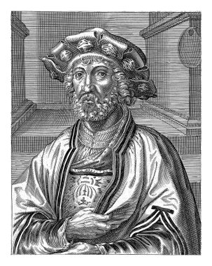 Jan Gossaert 'in Portresi, Hendrick Hondius (I), 1610 Jan Gossaert Portresi. Portrenin altında Latince altı satır ve isim var..