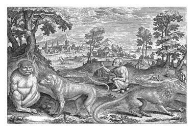 Maymunlar, Adriaen Collaert, 1595 - 1599 Ön planda dört maymun. Arka planda maymunları avlayan adamlarla dolu bir manzara var..
