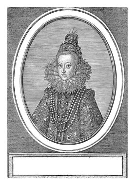 Avusturyalı Margaret 'in portresi, İspanya Kraliçesi Johannes Wierix, 1601. Çerçevede Latince yazılmış dört satırlık bir başlık..