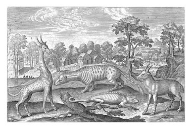 Egzotik hayvanlar, Adriaen Collaert, 1595 - 1597 Ön planda bir zürafa, bir bukalemun, bir misk ve bir antilop. Arka planda bir köy manzarası.