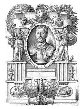Cosimo I de 'Medici' nin büstü, Toskana Büyük Dükü, Enea Vico, 1555 Cosimo I de 'Medici baskını, süs eşyalarıyla çerçevelenmiş..
