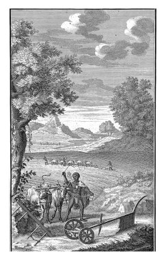 Khoi tarlasında çalışıyor, Jan Caspar Philips, 1727 Peyzaj ve tarlasında çalışan bir Khoi. Öküzleri sürüyor, o da sabanı çekiyor..