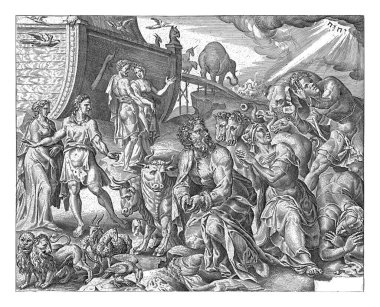 Nuh, gemi Cornelis Cort 'u kurtardığı için Tanrı' ya şükrediyor, Maarten van Heemskerck 'ten sonra, 1600 - 1652 Nuh ve ailesi yerde diz çöküp Tanrı' nın sembolüne baktılar..