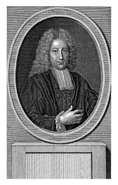 Adriaan Reland 'in portresi, Balthasar Bernards, 1711 - 1737 Utrecht profesörü Adriaan Reland' in peruklu büstü. Resmin altında F. Hesselius 'un Latince bir mısrası var..